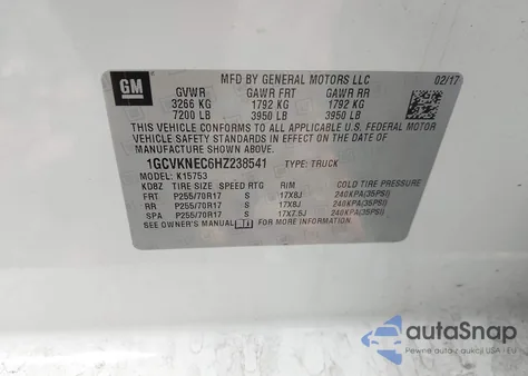 2017 Chevrolet Silverado 1500 Wt z USA, uszkodzony, nr VIN 1GCVKNEC6HZ238541